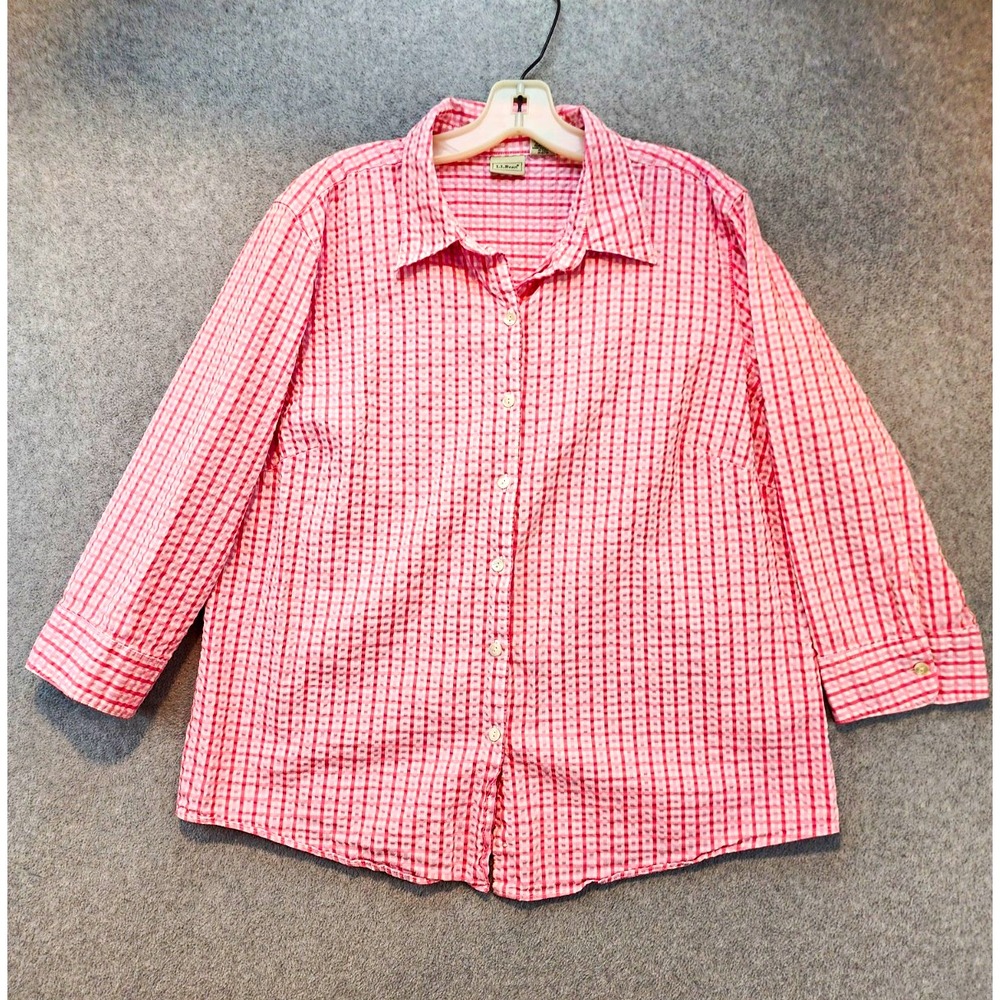 L.L.Bean Womens's XL Regular Pink White Cotton Button-Up Shirt LS